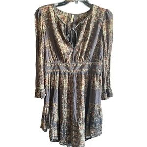 Free People Gray Tan Smocked long sleeve